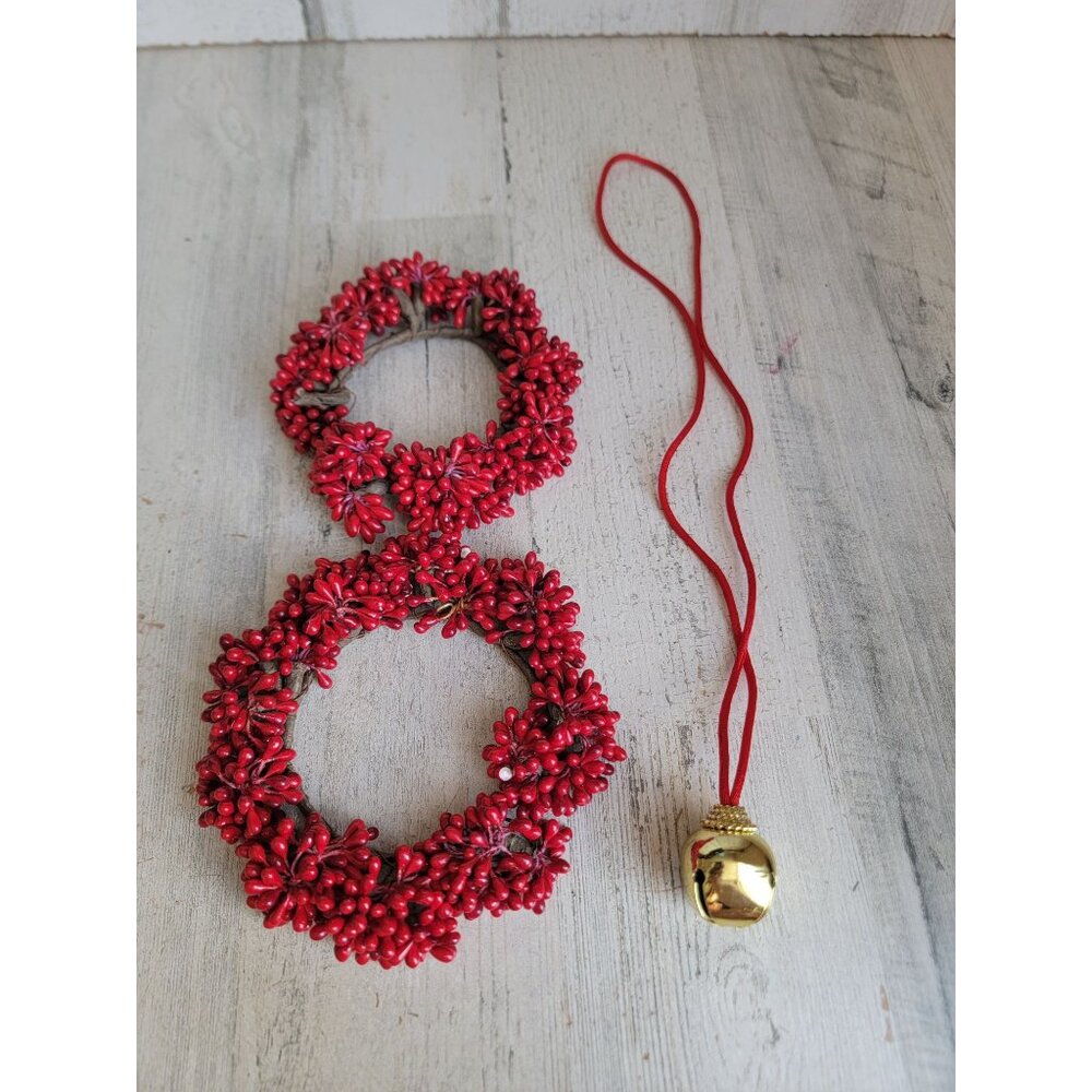 Red cranberry Berry mini wreath Bell necklace Xmas set hanging